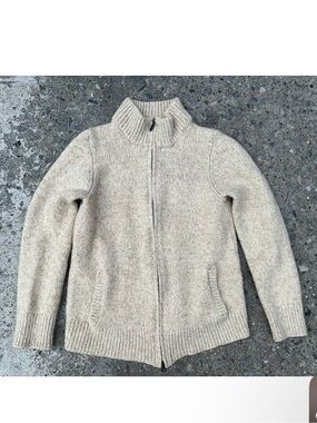 LL Bean 100% Lambs Wool Full Zip Cardigan Sweater Womens Medium Beige
